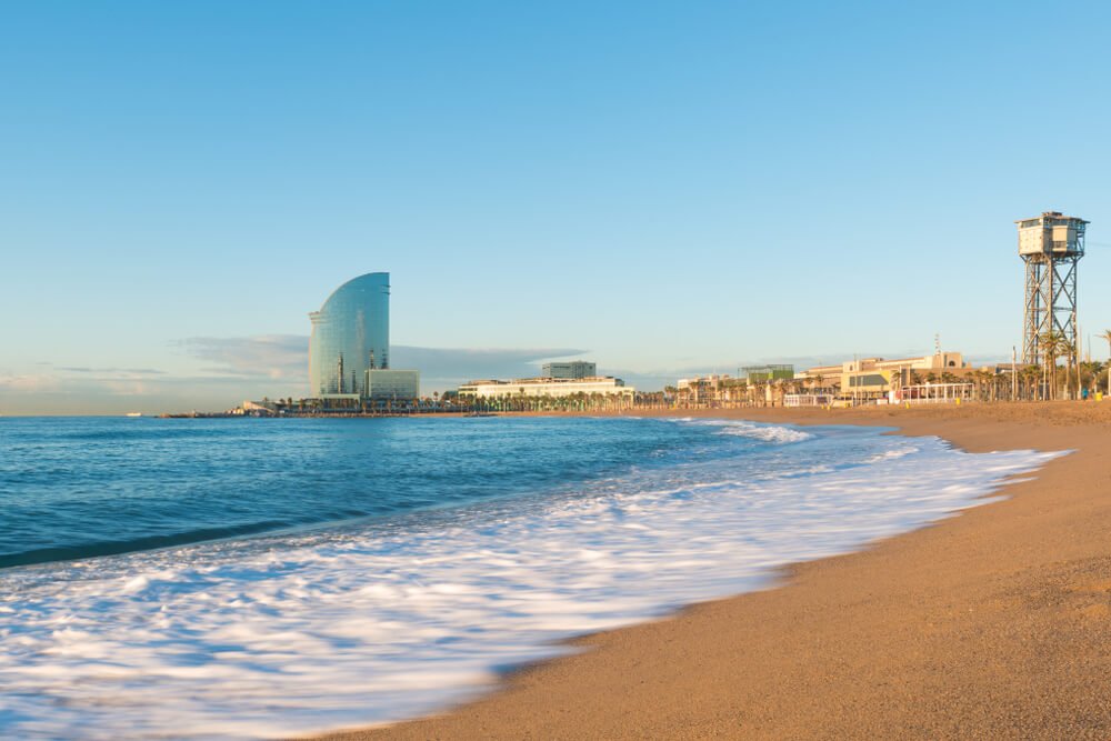 beachy area of barcelona with the famous w hotel which looks like a sail in the background
