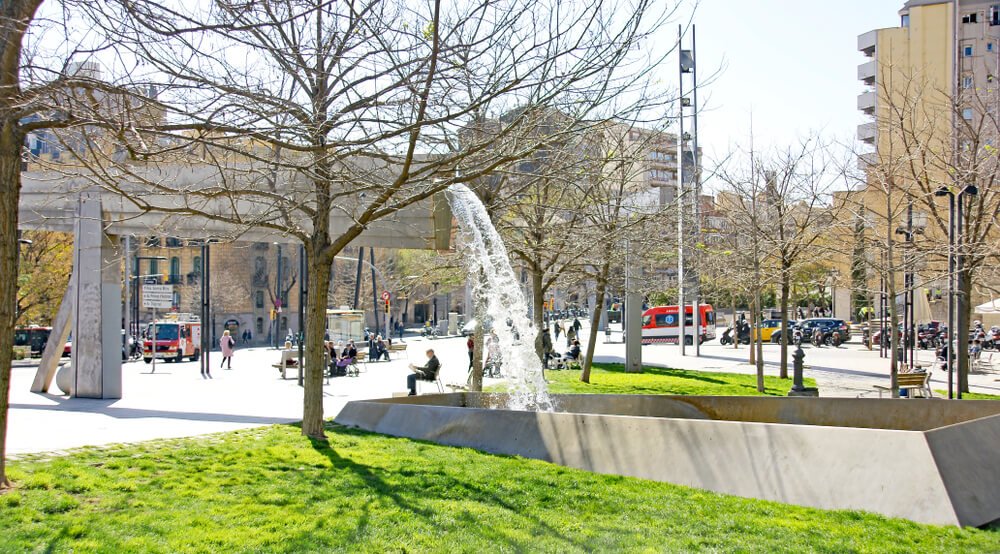 Overview of the gardens and ornaments of Lesseps square in Barcelona, Catalunya, Spain, Europe