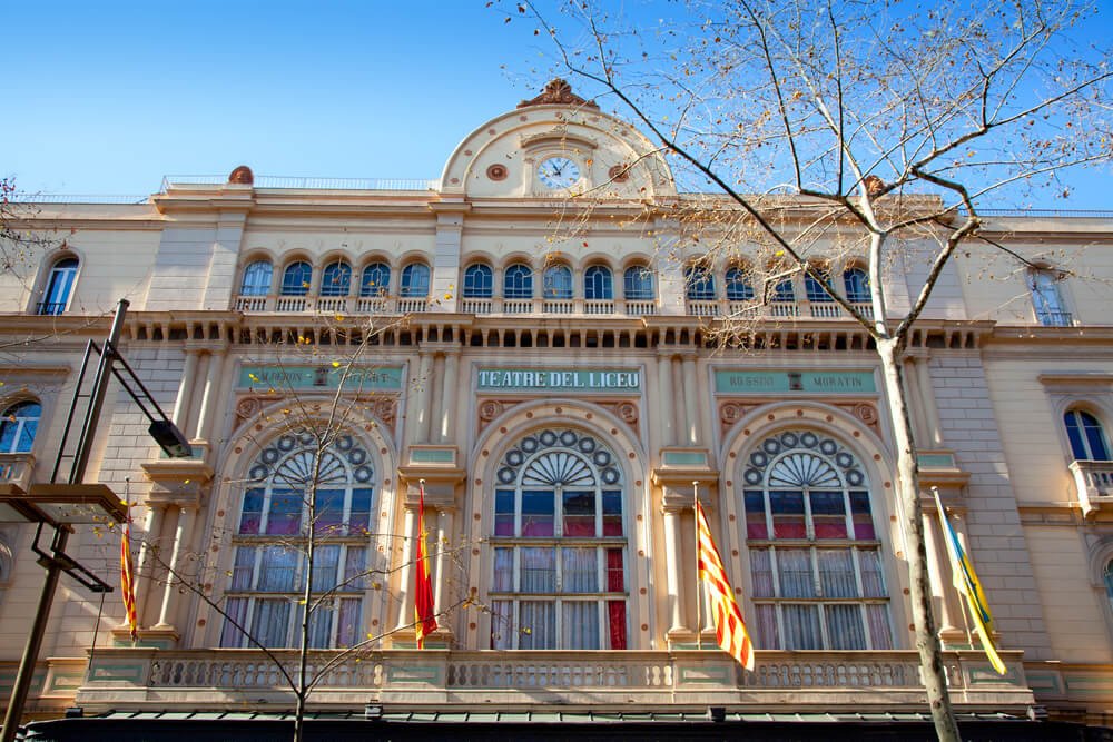view of the opera house in barcelona with a barely-leafy tree in front of it on the main ramblas street