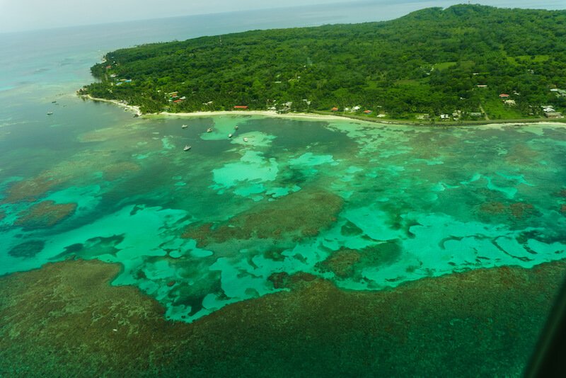 aerial view over big corn island as seen from the airplane coming into the island