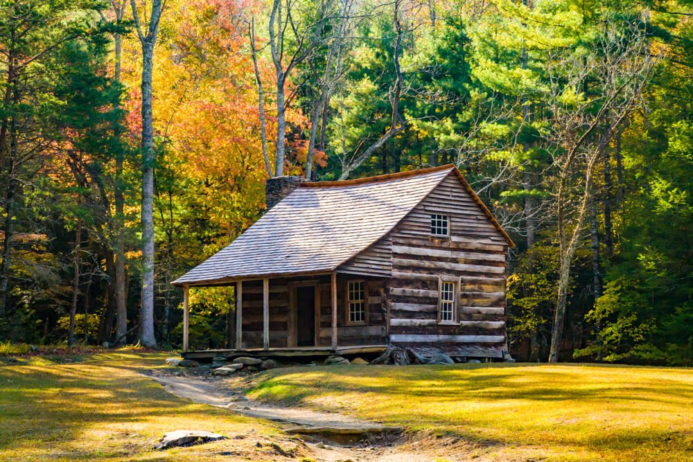 A beautifully restored cabin in a log cabin style, in a forest of autumn color trees, part of Cades Cove region of the Great Smoky Mountains National Park