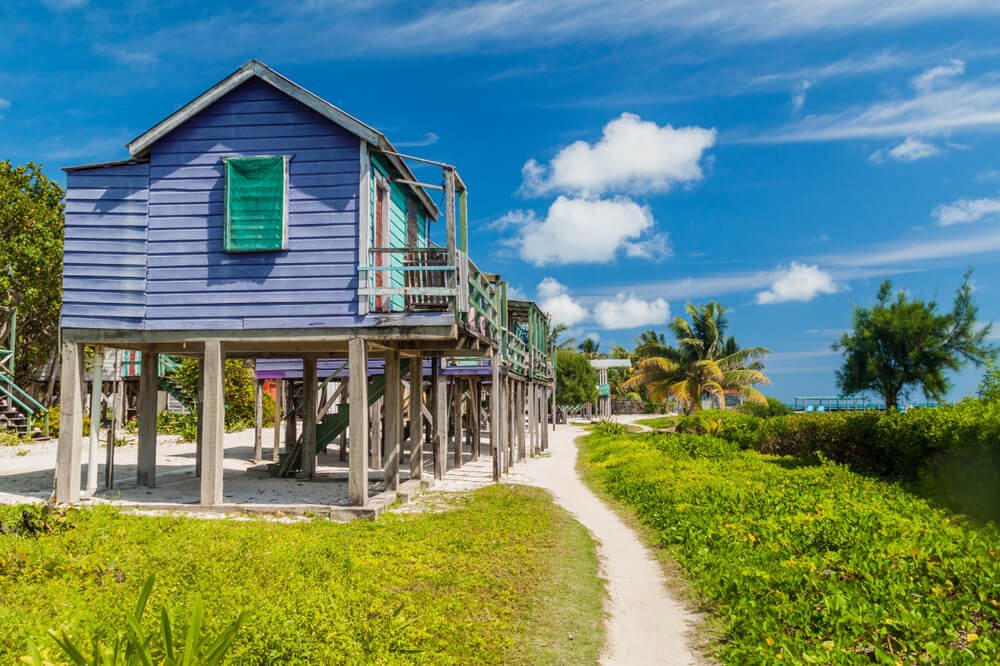 purple, blue, and other colorful houses on the island of caye caulker