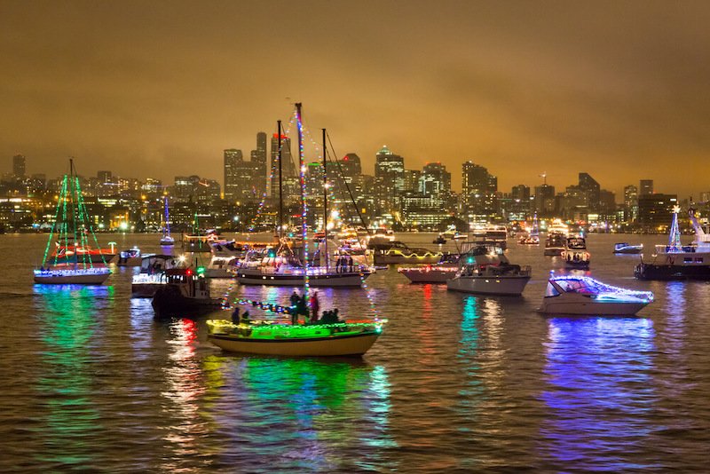 christmas lights on boats in seattle harbor