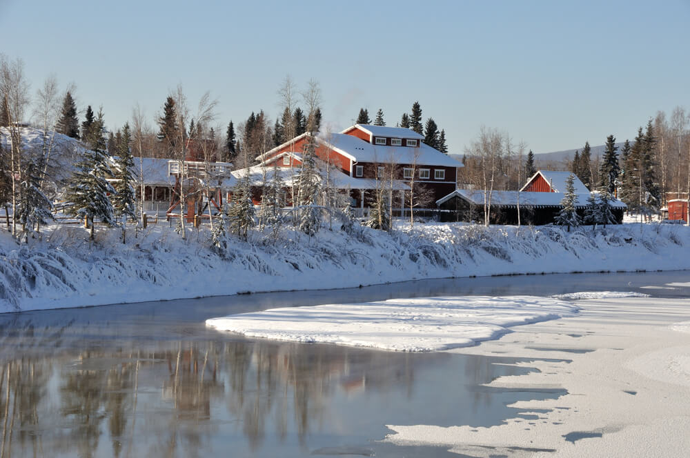 fairbanks view of pioneer park with snow and icy river