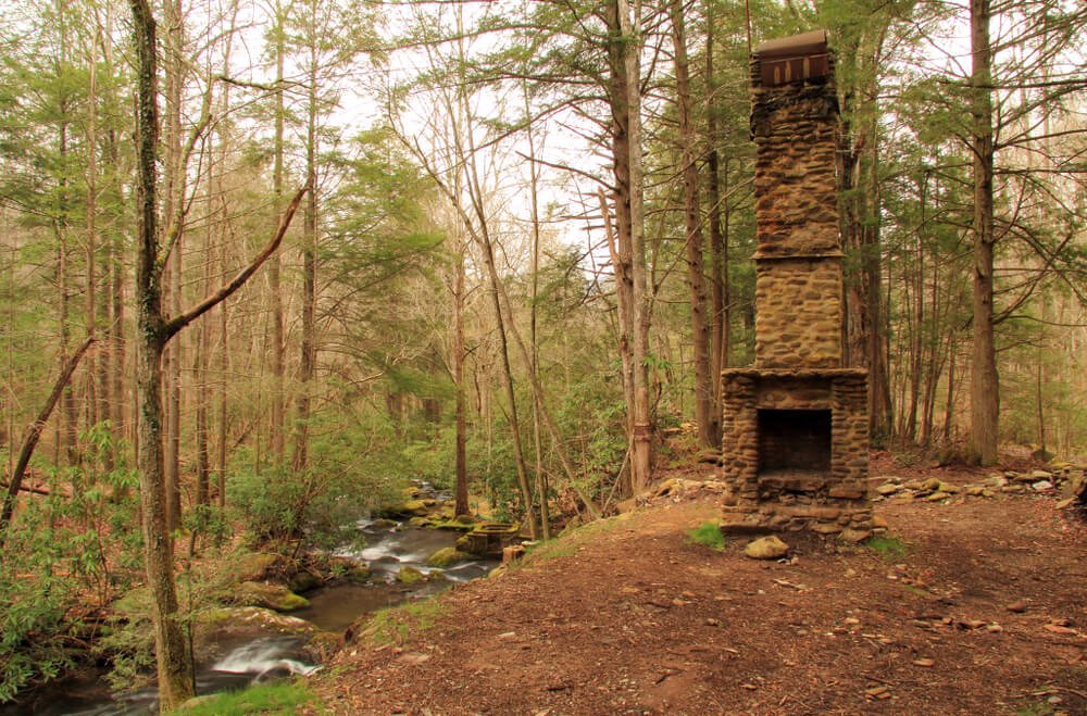 Ruins of old settlements seen in the Elkmont Historic District in Great Smokey Mountains National Park part of Tennessee and a must on a Great Smoky Mountains itinerary