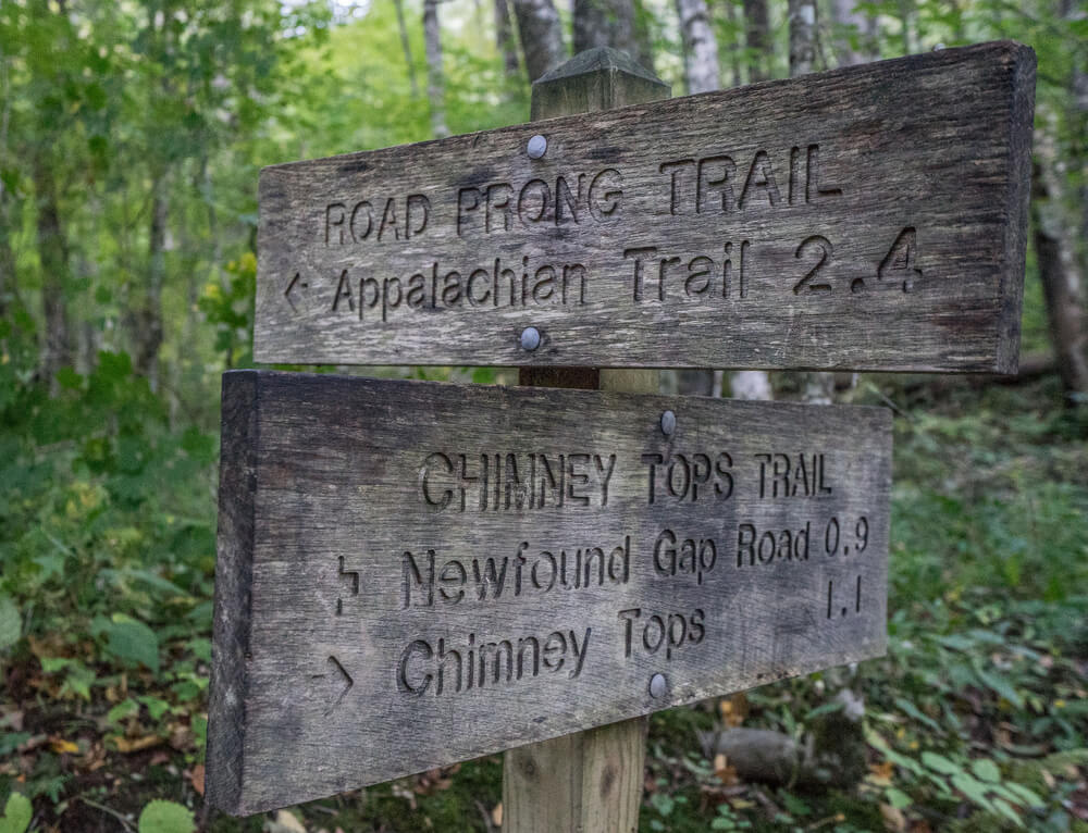 Sign for the Chimney Tops trailhead while hiking in   Great Smoky Mountains National Park
