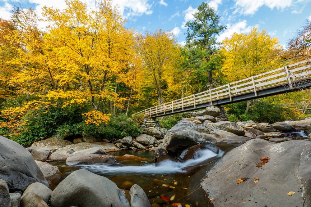Fall view of the Chimney Tops trailhead in Great Smoky Mountains National Park with a bridge that goes over a rocky stream