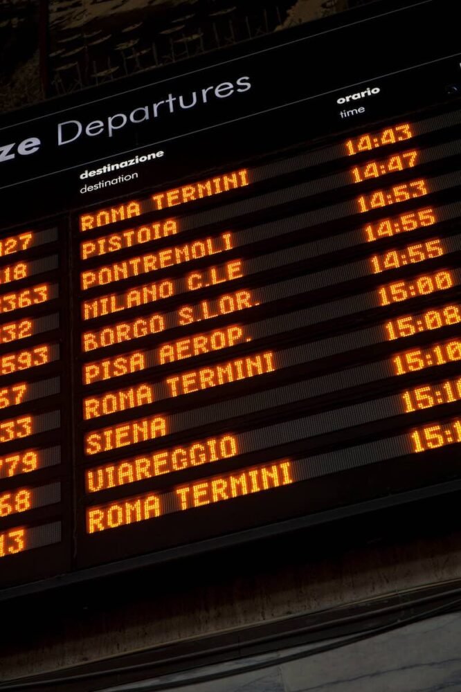 Train schedule in Italy with some routes heading to Siena