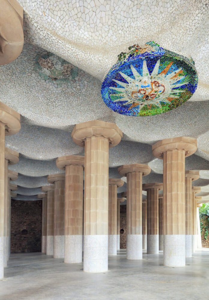 Park Guell in Barcelona. Doric columns of Hypostyle Room support lower court central terrace
