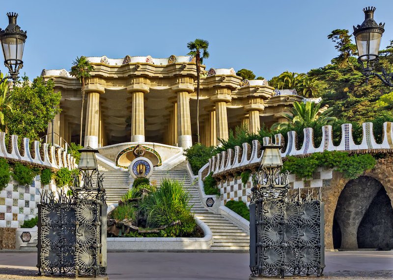 Entrance Park Guell designed by Antoni Gaudi in Barcelona, Spain, the entrance clear on a sunny day