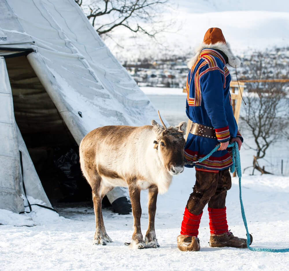 Sami person interacting with a reindeer in an Arctic landscape while wearing traditional blue and red attire