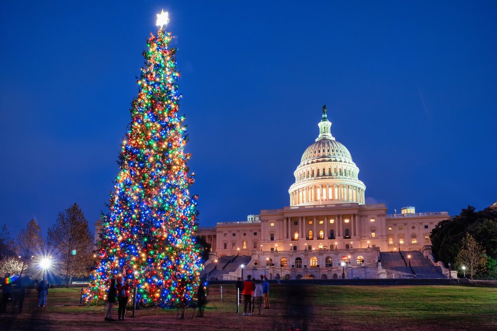 giant christmas tree in front of the capitol building in washignton dc, one of the best places for christmas in the usa