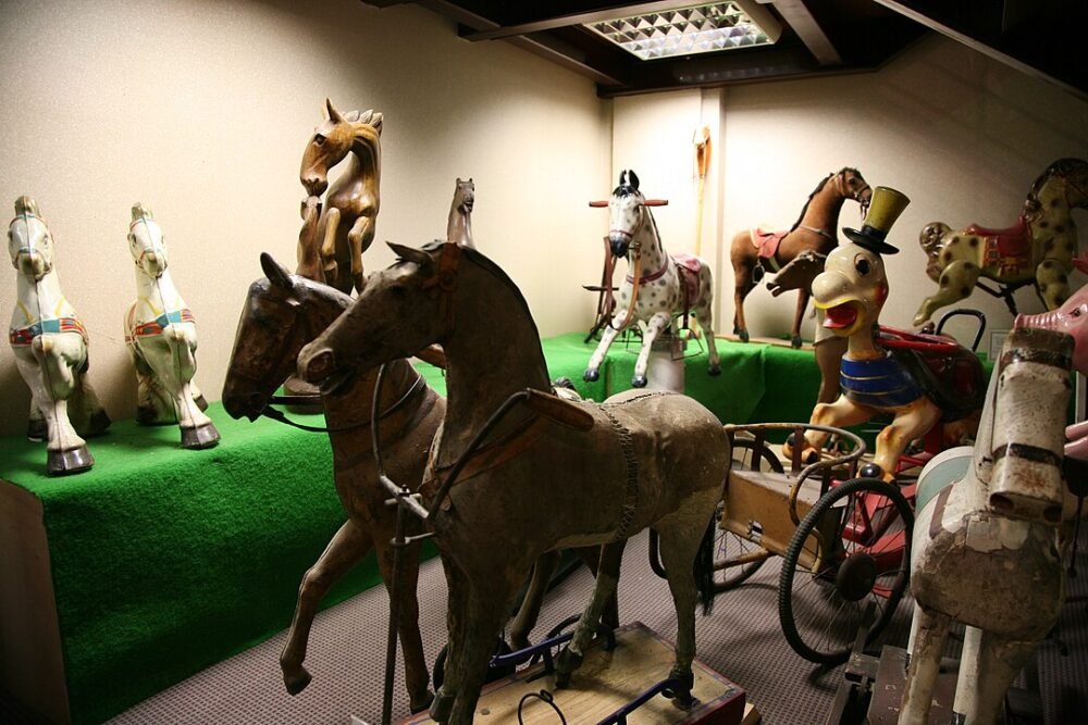 Horses, other rideable figures at the toy museum in Colmar, a beautiful town in Alsace