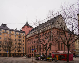 Helsinki in winter with architecture and bare trees on a cloudy day