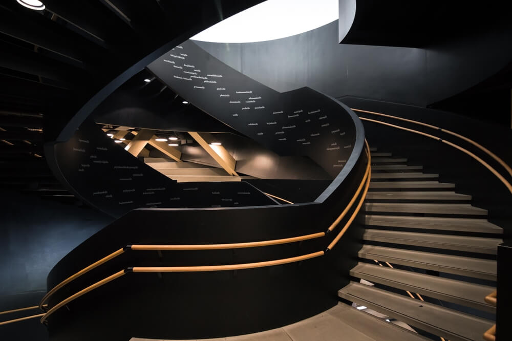 Modern design black spiral staircase in the new Oodi library in Helsinki Finland