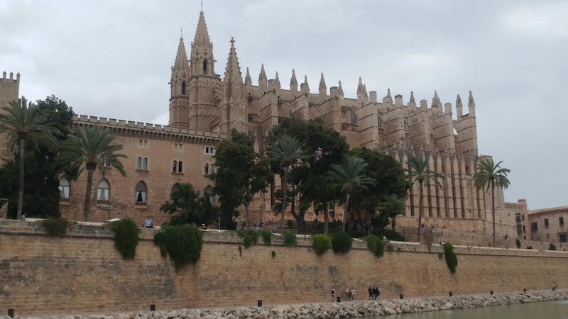 View of the palma cathedral area of the town of palma on the balearic island of mallorca in spain with a cathedral on an overcast day in the winter