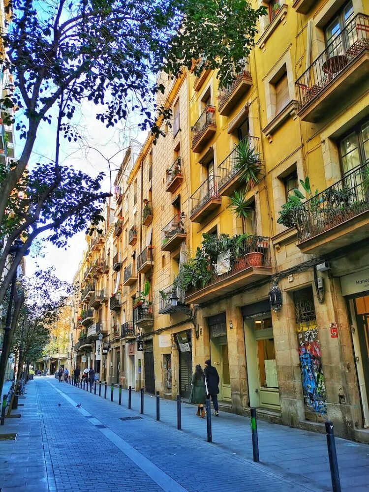 A relatively quiet street in Barcelona with yellow buildings and balconies with plants on it, in the winter in Barcelona, with a few people enjoying the day out.