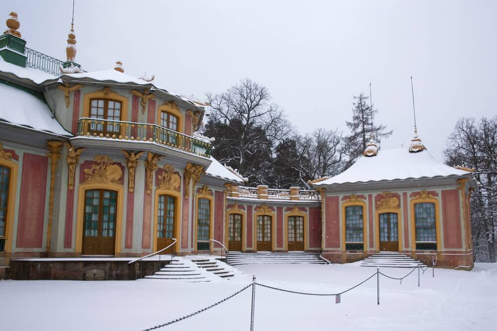 The white, pink, and gold ornate pavilion called the Chinese Pavilion outside of Stockholm