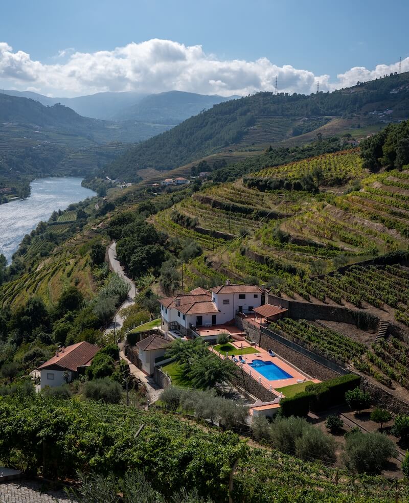 Traditional house on a winery estate converted into a hotel with a pool overlooking the terraced vineyards of the Douro River valley