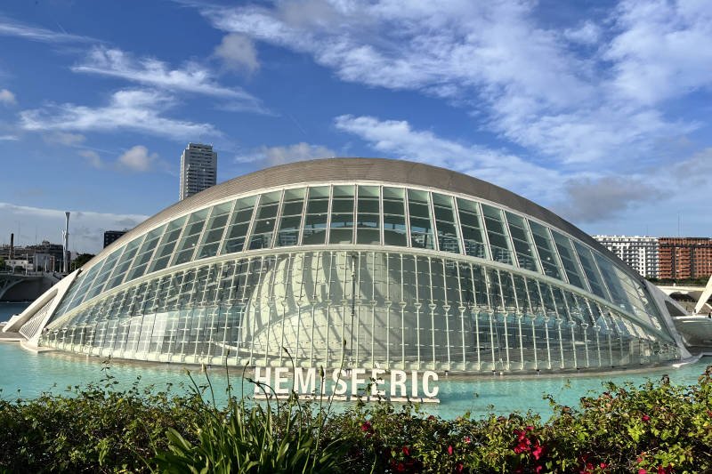 view of the futuristic modern architecture of valencia with the hemisferic building on a warm day