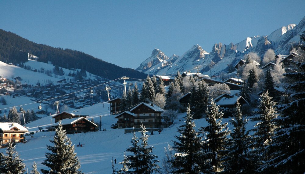 A breathtaking winter landscape featuring a snowy alpine village nestled in a valley. Snow-covered chalets dot the landscape, with ski slopes and cable cars in the background. Tall evergreen trees, dusted with snow, stand prominently in the foreground. A ski resort in France with lifts, chalets, and mountains.