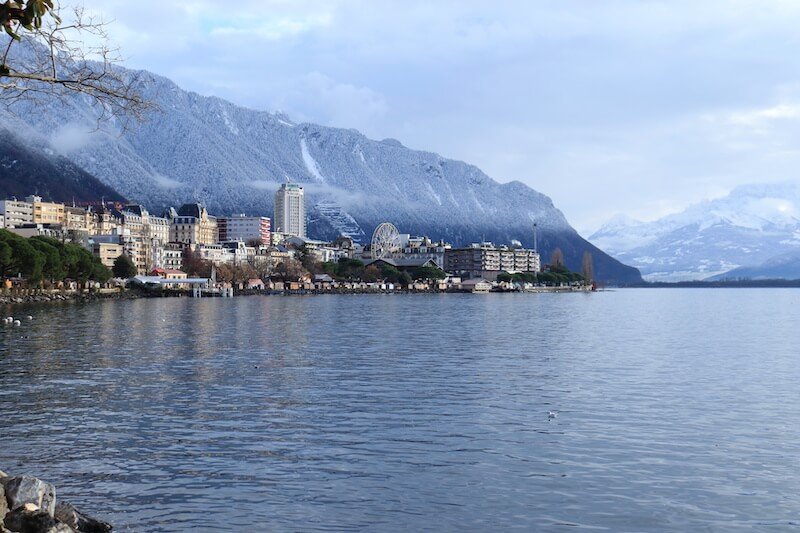 Montreux in the winter with vineyards in the background