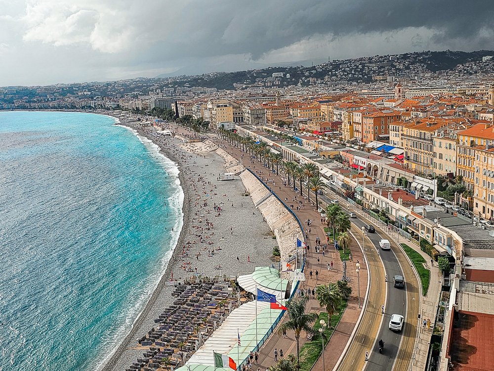 A cloudy day viewing the coastline of Nice from a view on high on Castle Hill overlooking the entire city in January