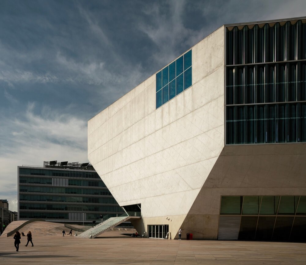 The casa da musica concert hall with modernist architecture style on a partly cloudy day in porto in winter