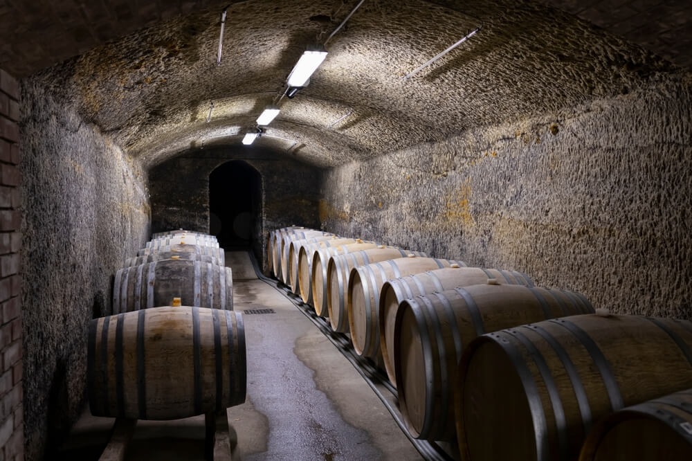 cellar near budapest with barrels of hungarian wine aging