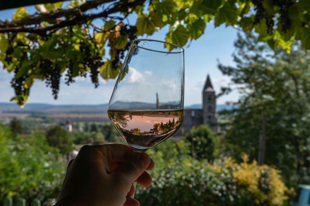 person drinking a glass of rose wine while on a wine tour from budapest in etyek region