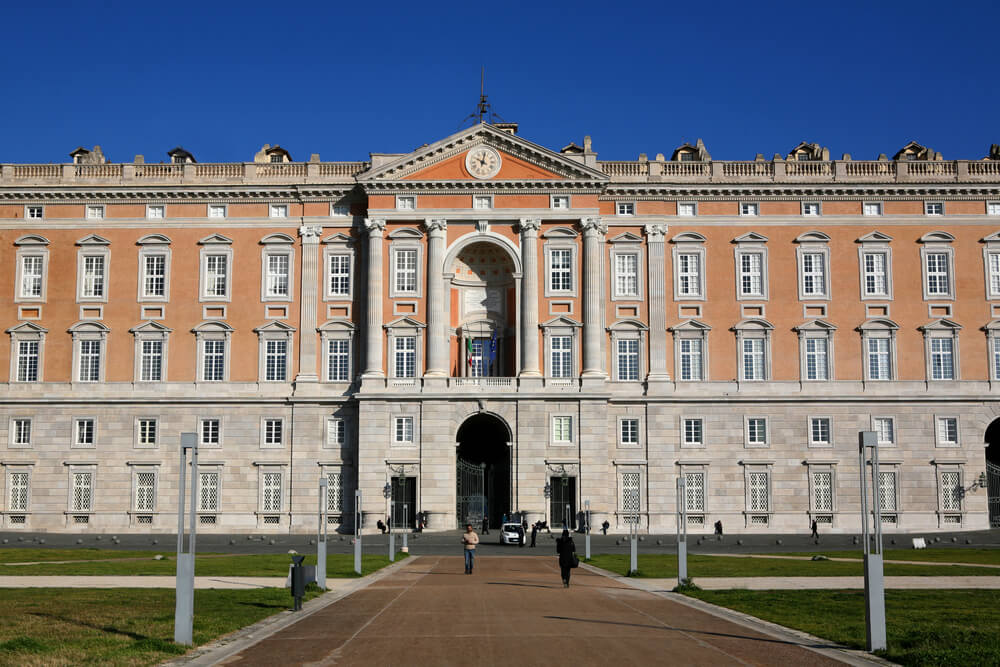 The pinkish hued exterior of the Caserta royal palace near Naples, a great winter day trip