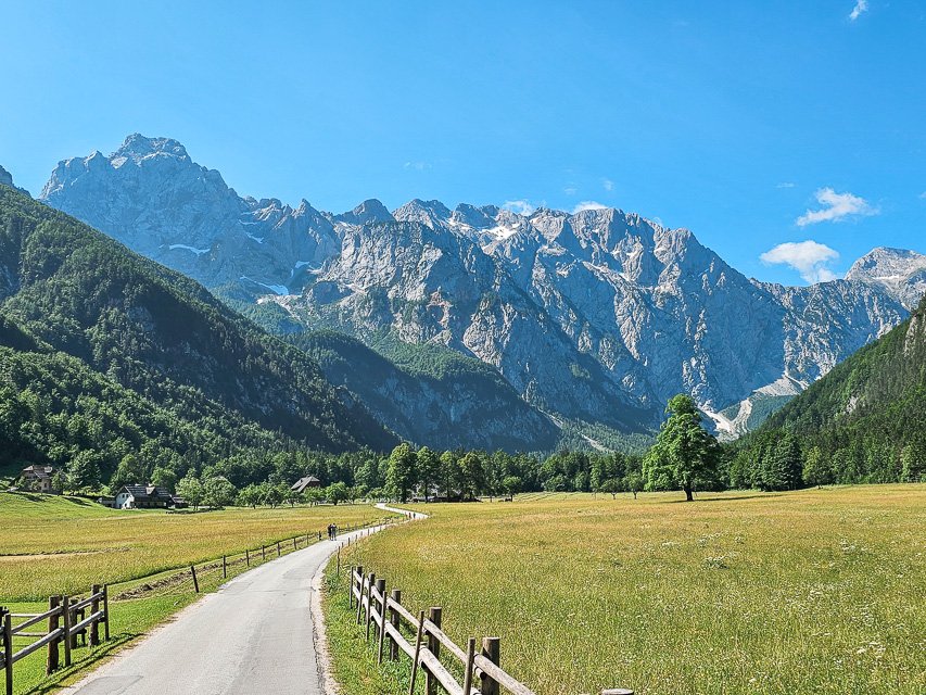 views of a pathway in a green meadow with mountains in the distance in Slovenia's logar valley