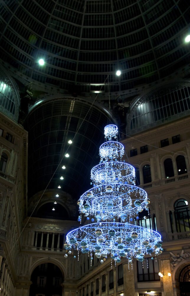 Christmas decorations seen in the Galleria Umberto I in Naples with lit up display