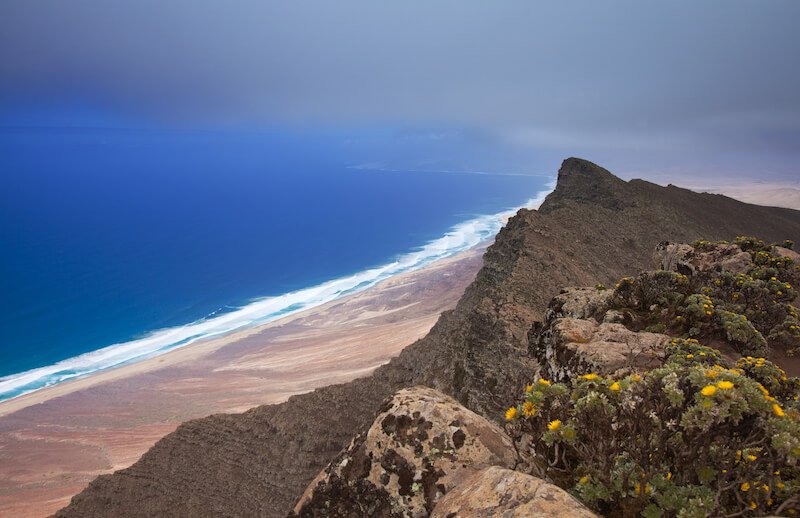view from the highest point in the fuerteventura island, pico de zarza, over the Atlantic Ocean and beach coastline