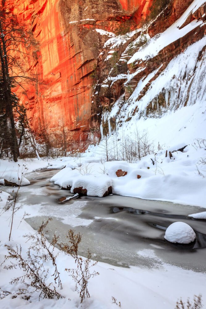 ice and snow building up to create icicle fairytale landscape at the west fork area of sedona