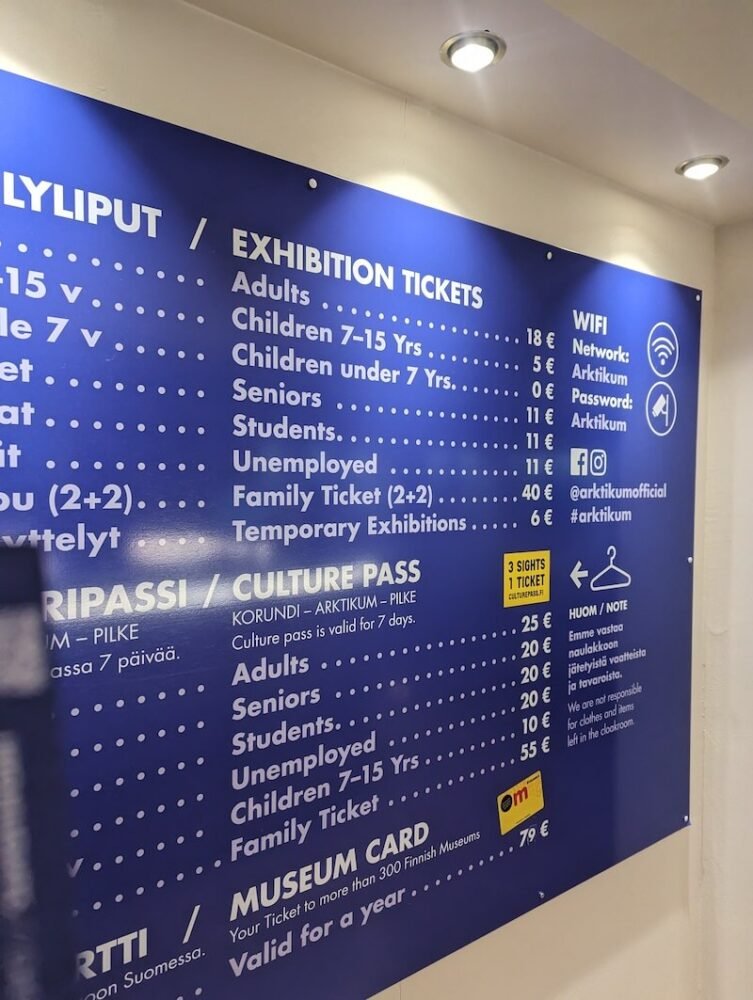 Sign of all the different admission costs for visiting Arktikum as well as the culture pass