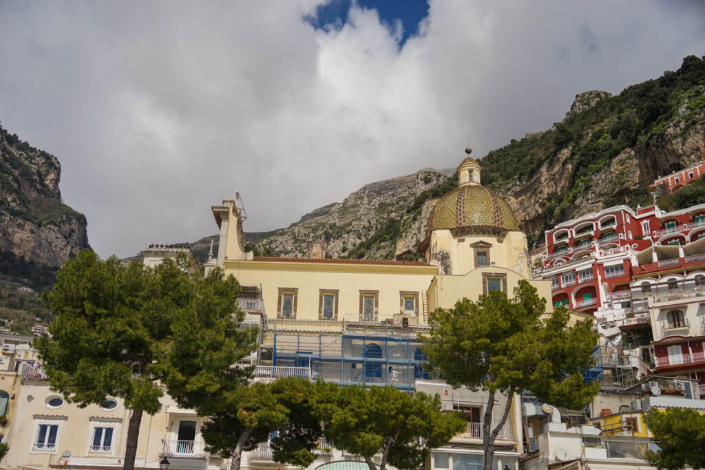 View of the church in Positano as seen from below at roughly sea level