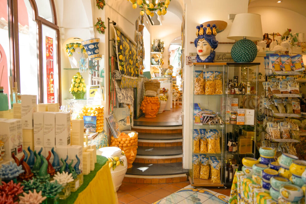 Ceramics shop and other souvenirs for sale in a Positano boutique
