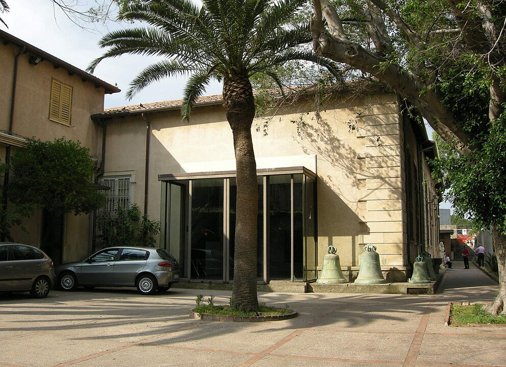 Regional Museum of Messina when it's open with a palm tree and two cars in front of it