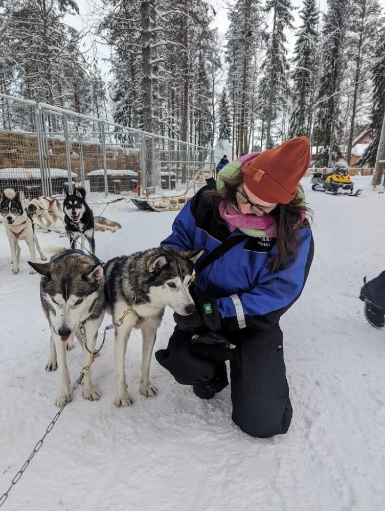 Allison Green smiling and petting a group of huskies in Finland