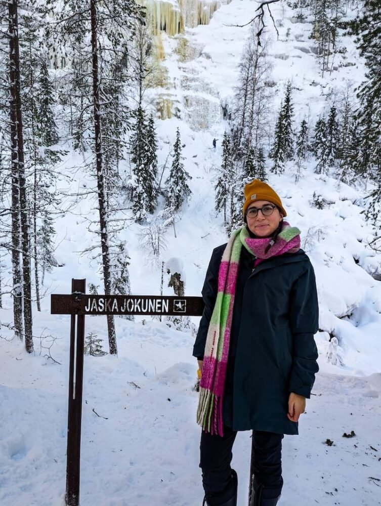 Allison and the 'Charlie Brown' ice fall in Rovaniemi's Korouoma Canyon