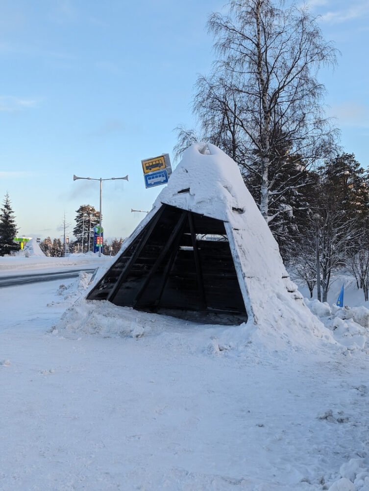 Sami style tent on the side of the road for meeting the bus