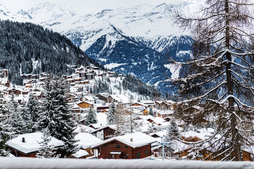 View of the Swiss village of Verbier in the winter