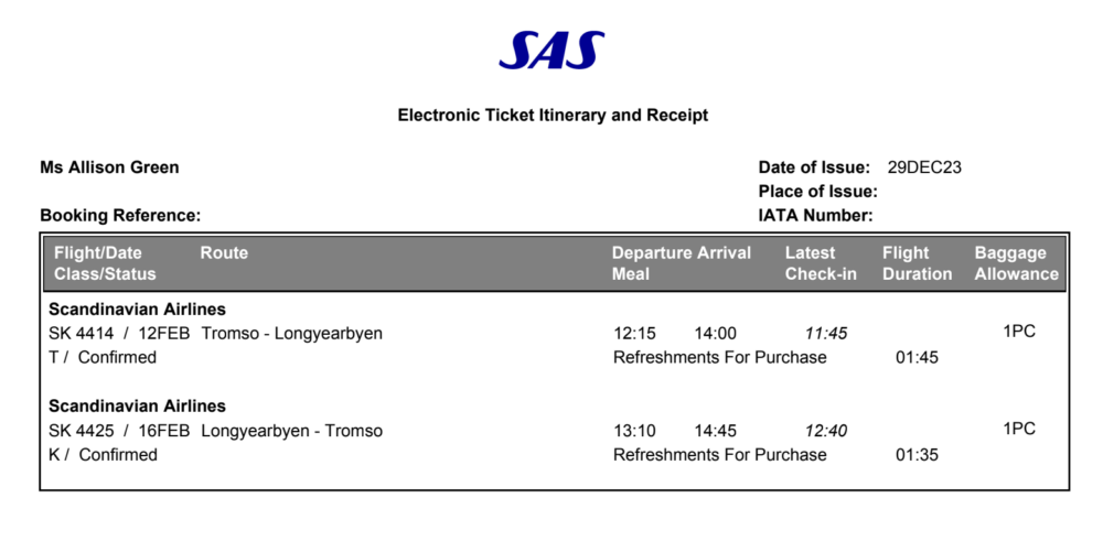 Flight ticket in February between Svalbard and Tromso