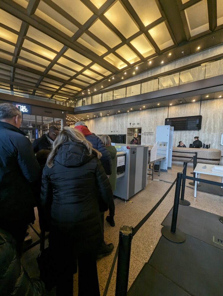 Airport style security checkpoint on the ground floor