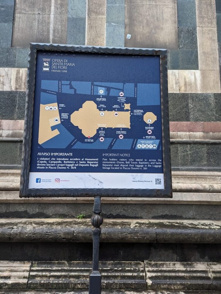 Sign in front of the duomo telling you where various places in the piazza del duomo are