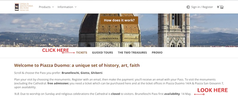 Screenshot of the Florence Duomo website where I point out where you can book tickets and find out if there is still Brunelleschi Dome availability