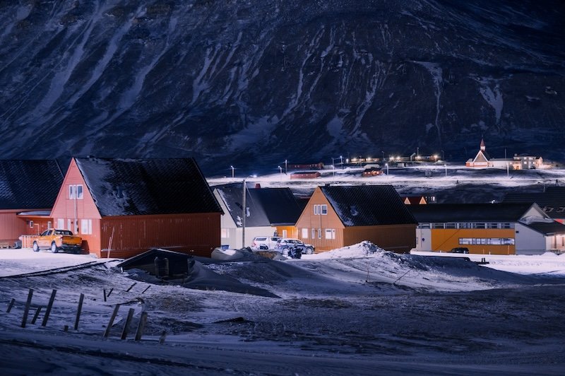 The polar night falling on the town of Longyearbyen in the winter