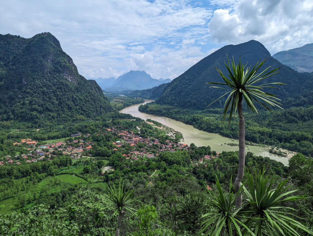 View over the town of Muang Ngoi as seen from the scenic Phanoy viewpoint hike