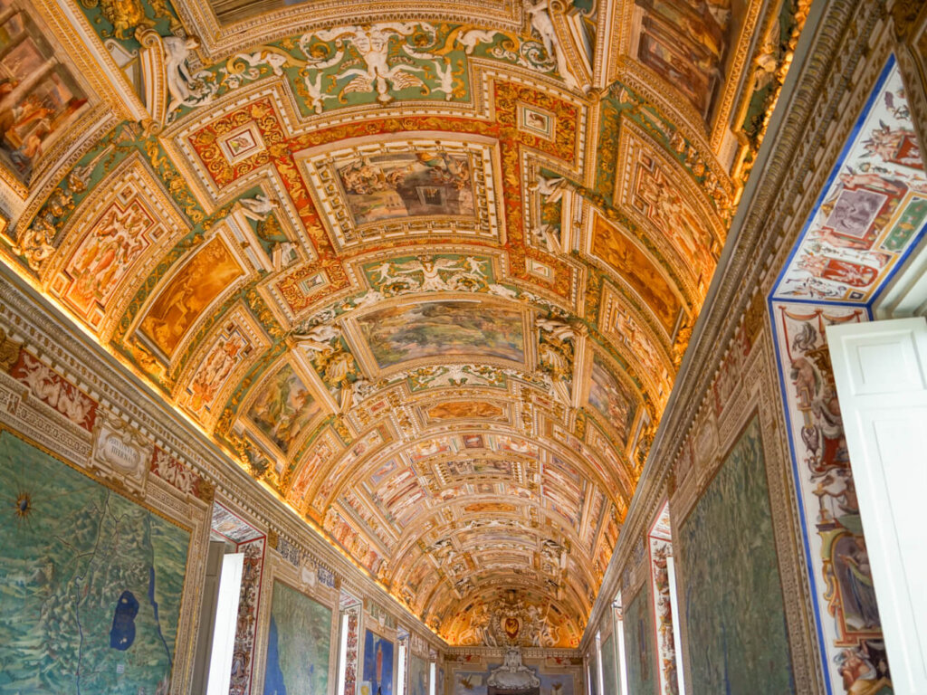 The beautiful ceiling of one of the main rooms leading the Sistine Chapel in the Vatican